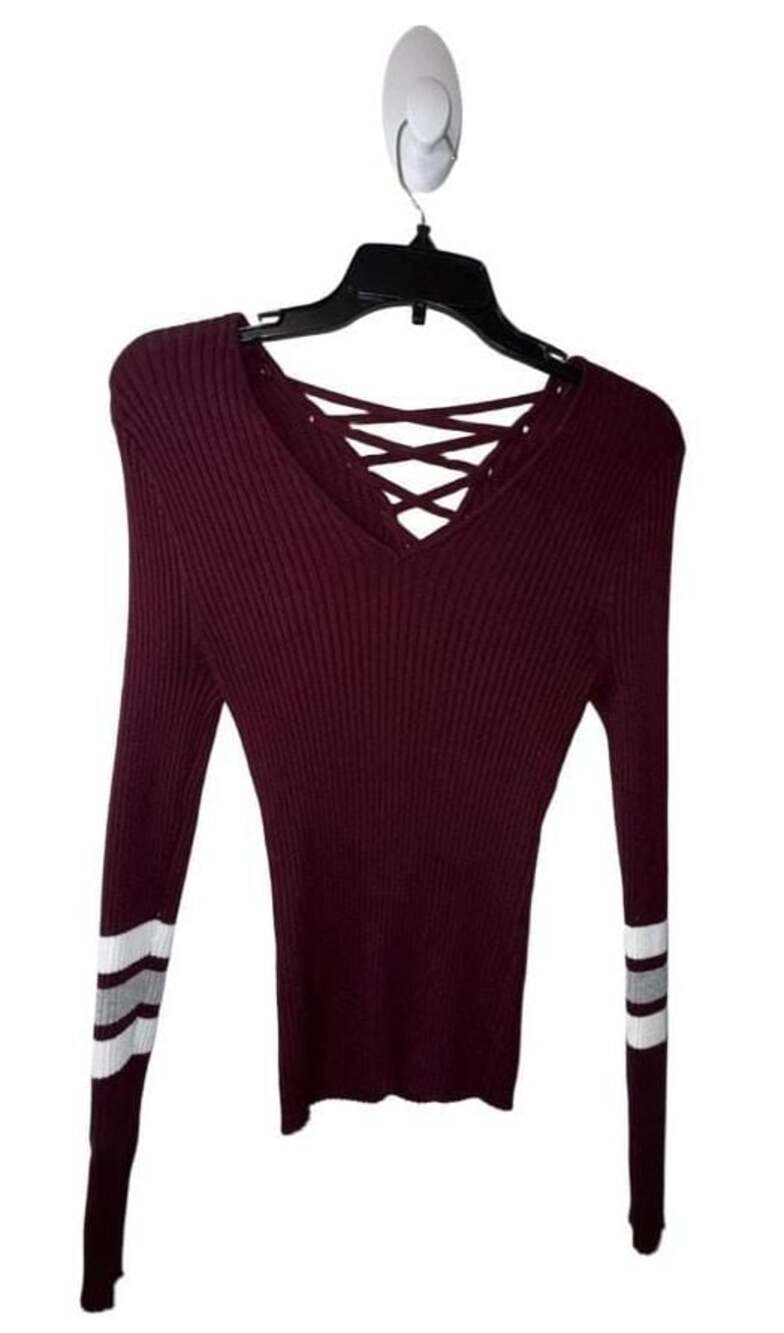 Hooked Up by I.O.T. Burgundy Ribbed V-Neck Lace-Up Back Long Sleeve Sweater